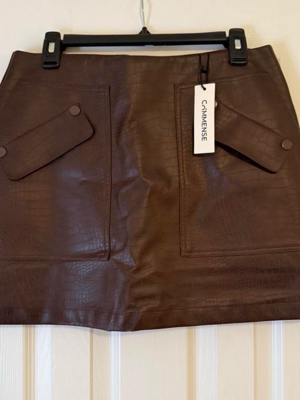 Commense Dark Brown Croc-Embossed Faux-Leather Mini Skirt